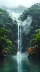 Fototapeta premium Secluded Waterfall Cascading Through a Lush Forest wallpaper