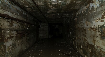 Scary interior of an abandoned bunker. Shabby walls. Low light. Dark abandoned bunker.