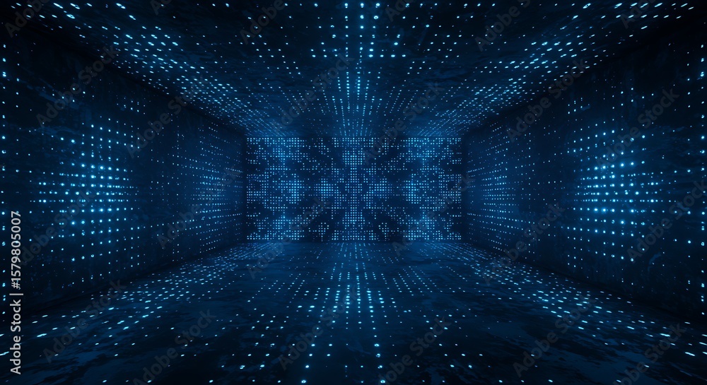 Aufkleber empty room, blue dot pattern technology abstract background led light pattern perspective virtual ba