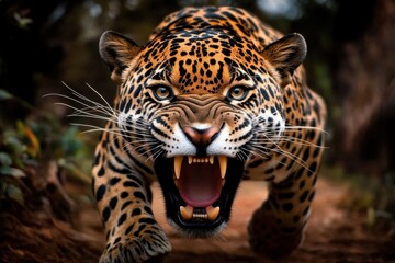Obraz premium Powerful Jaguar Roaring in Forest Environment with Intense Stare, Sharp the rainforest