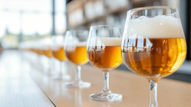 Beer Tasting Session: A close-up shot showcases a row of beer glasses filled with golden ale, with each glass meticulously presented, creating a visual symphony that will excite the senses. 