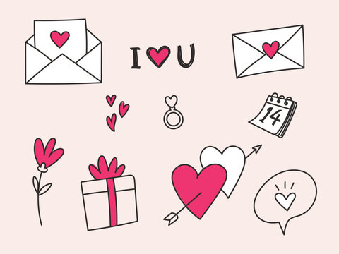 Romantic valentines day events, doodle love theme set