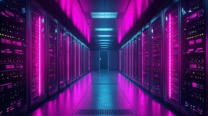 Ultra-modern server farm with pulsating neon-lit data cables 