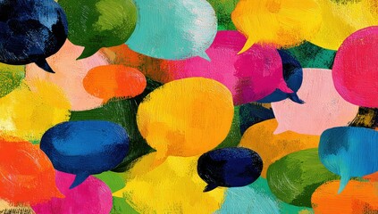 A vibrant, abstract image featuring numerous overlapping speech bubbles in various colors and sizes, suggesting a lively conversation or exchange of ideas