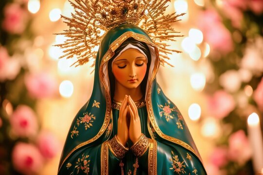 Serene close-up of ceramic Virgin Mary statue with green and our lady guadalupe