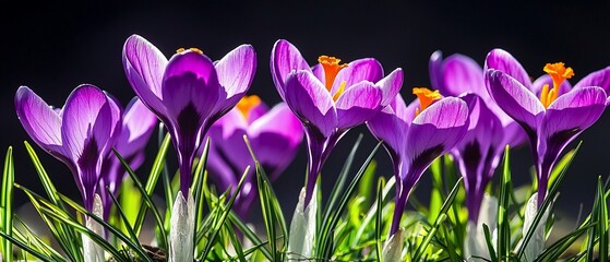Vibrant purple crocus flowers with bright orange stamens against a dark background