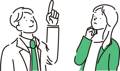 笑顔で話し合う2人のビジネスマンがミーティングをしているシンプルなイラスト素材