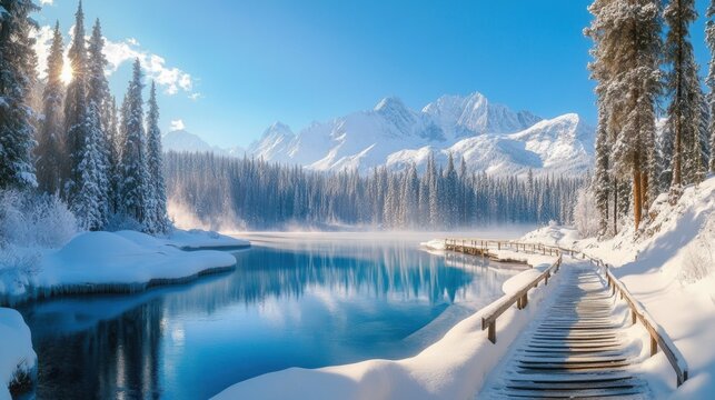 Snowy Mountain Lake Landscape with Wooden Boardwalk, Pine Trees, and boardwalk covered snow leading