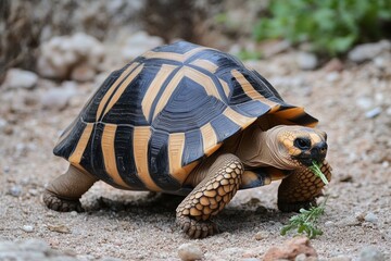 Obraz premium Tortoise with Geometric Shell Design Eating Grass in Blurred Outdoor Radiated walking on ground, Astrochelys