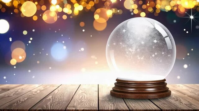 Crystal snow globe with empty interior on wooden table with blurry background and light effect for holiday season or Christmas concept