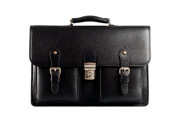 Classic black leather briefcase on black background