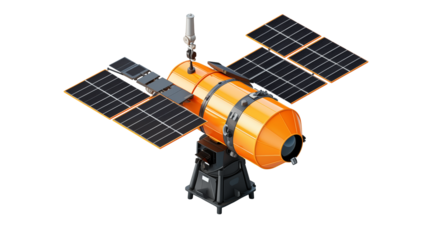 Isometric view of an orange satellite with solar panels on a black background in a studio setting