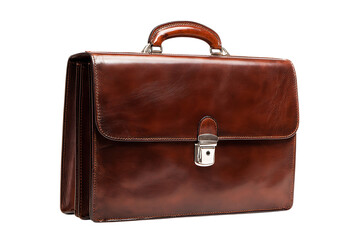 Classic brown leather briefcase isolated on black background.