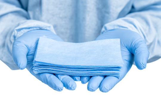 Gloved hands offering a stack of blue wipes.