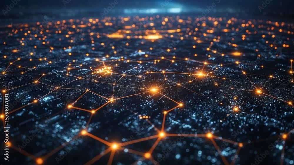 Poster global network: a mesmerizing aerial view of a futuristic cityscape at night, illuminated by a netwo
