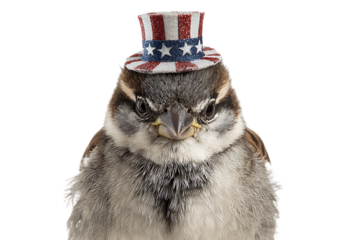 A grumpy sparrow wearing a patriotic hat.