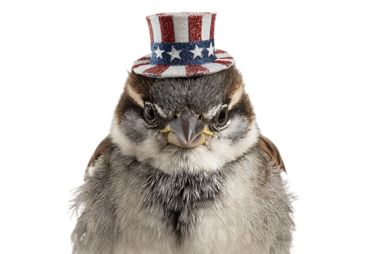 A grumpy sparrow wearing a patriotic hat.