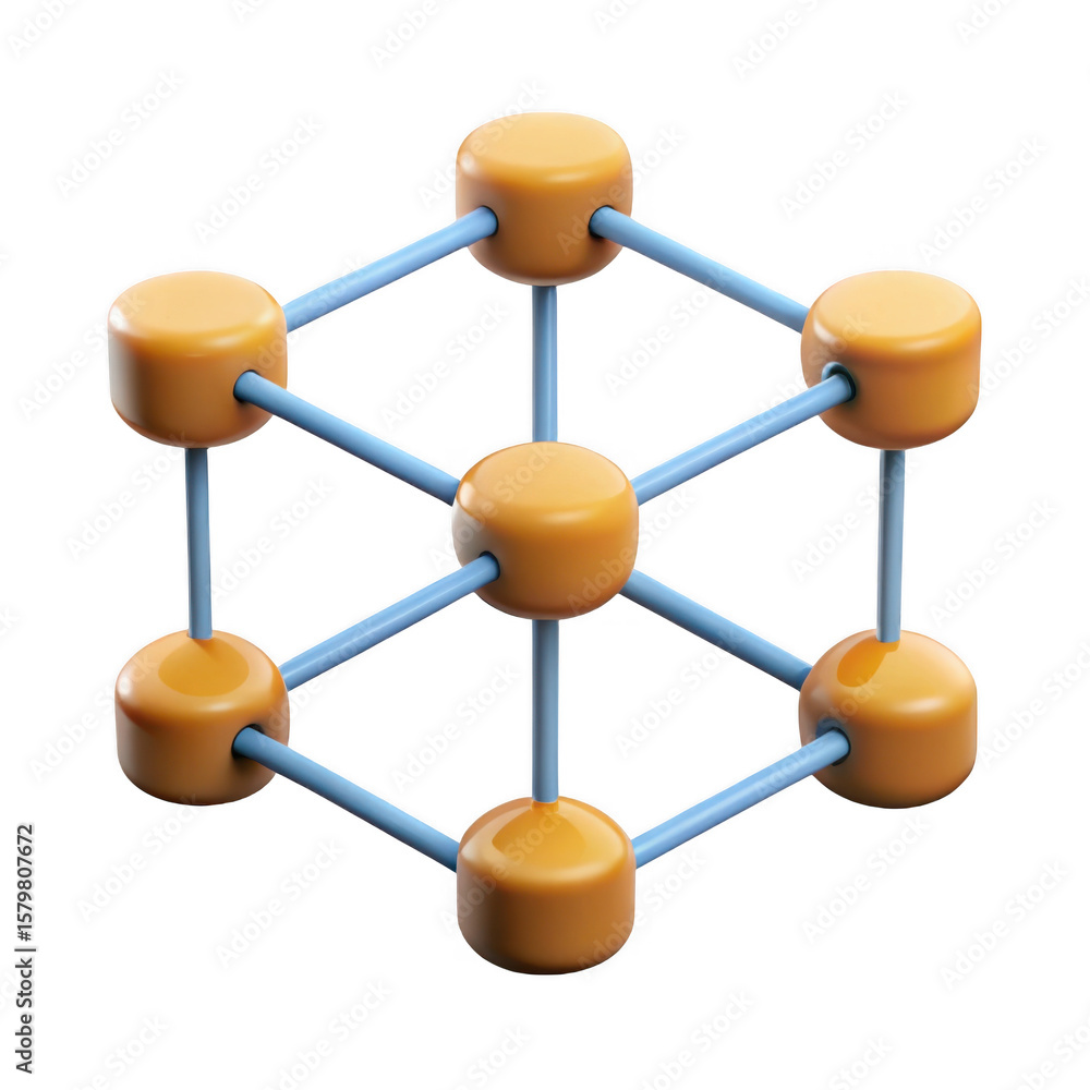 Poster abstract geometric network structure with orange spheres and blue connecting rods isolated on transp
