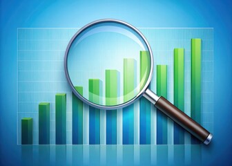A magnifying glass focuses on a colorful bar chart with rising and falling bars in shades of blue and green
