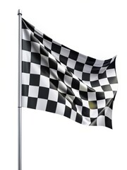 A black and white checkered flag waving gently in the wind against a stark white background
