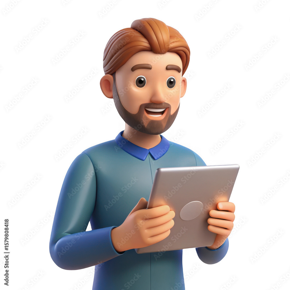 Poster smiling 3d man character holding a tablet computer isolated on transparent background