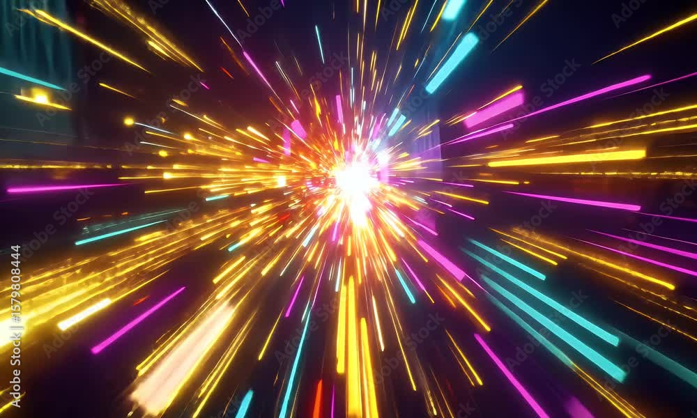 Poster a vibrant explosion of colorful light streaks against the dark background, creating an energetic and