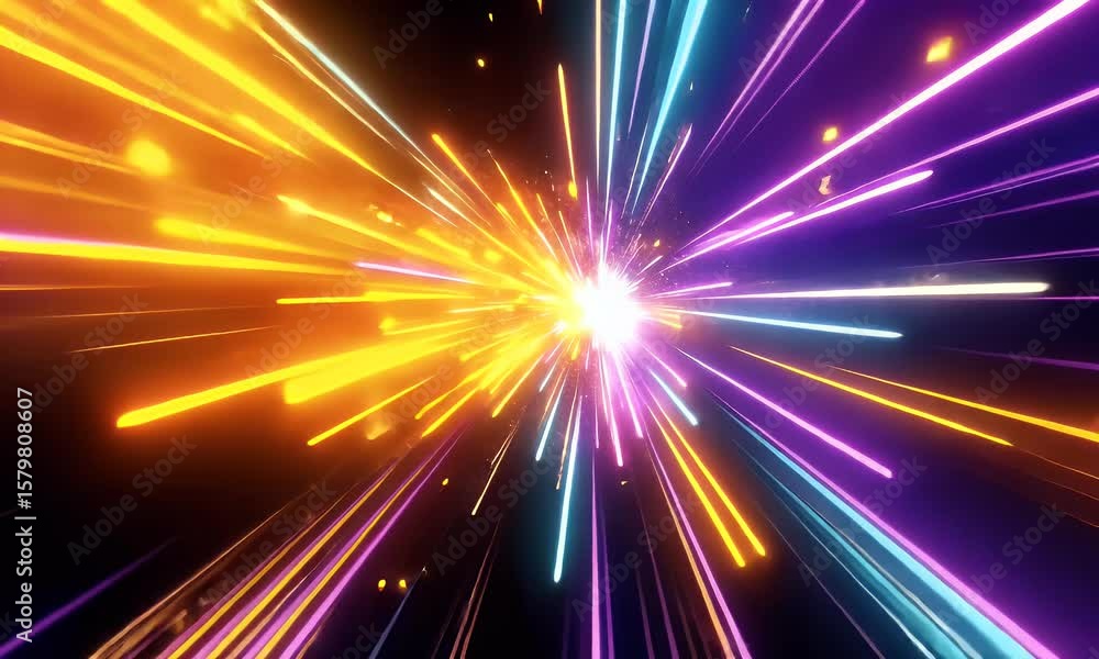 Poster a vibrant explosion of colorful light streaks against the dark background, creating an energetic and
