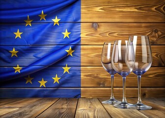 EU flag on wooden table with wine glasses