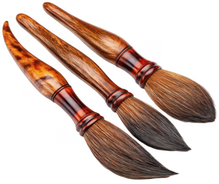 Three art brushes with wooden handles and dark brown/reddish-brown bristles