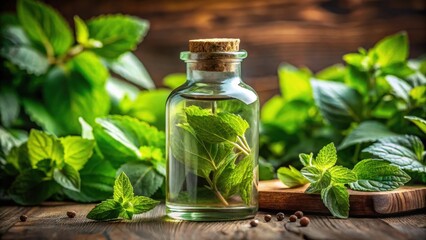 Aromatic glass bottle with lush green patchouli leaves and stems