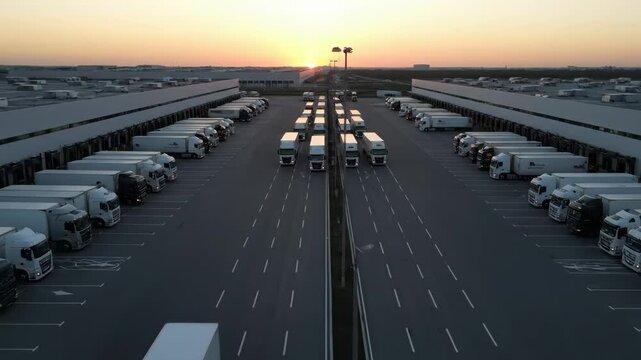 Serene Logistics Hub: Trucks Parked in Rows at Sunset, Endless rows of trucks at a logistics center create a harmonious scene at sunset