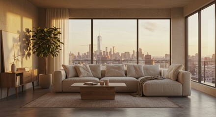 Modern Apartment Interior with City View at Sunset, Featuring Beige Sofa and Wooden Accents