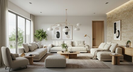 Modern Beige Living Room Interior Design with Stone Wall