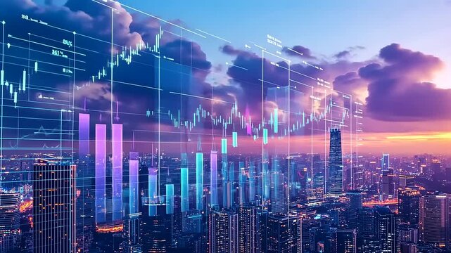 Stunning city skyline at sunset with stock market graphs overlaying the vibrant urban landscape - Powered by Adobe