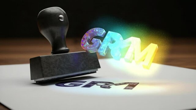 Colorful stamp imprinting GRM on white paper background
