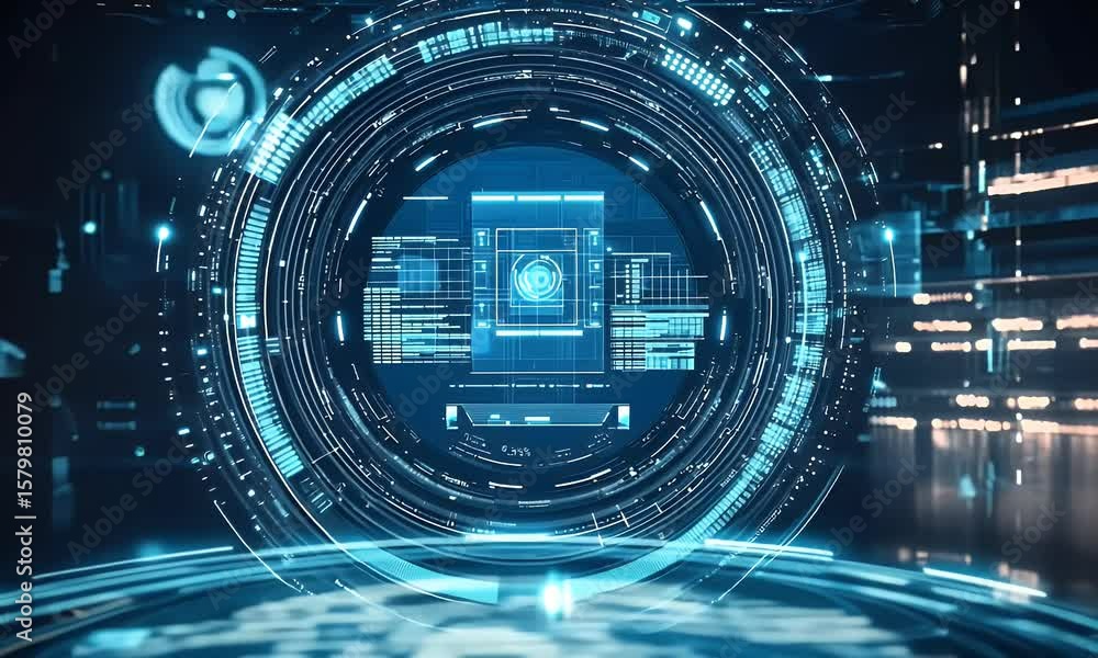 Poster abstract futuristic blue technology background with glowing circular podium and hologram elements fo
