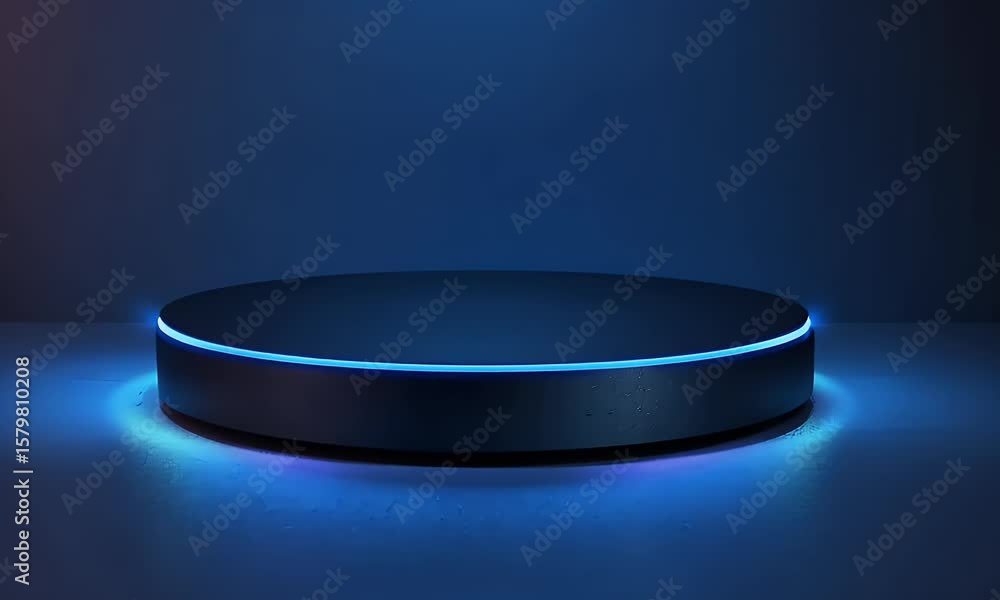 Poster abstract futuristic blue technology background with glowing circular podium and hologram elements fo