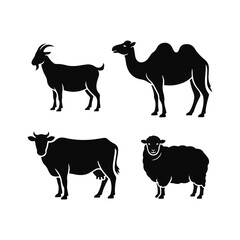 Black Silhouette Illustration Goat, Camel, Cow, and Sheep Animal Graphics