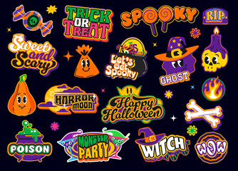 Halloween groovy y2k retro stickers, holiday funky patch labels of vector ghost, skull and pumpkin emojis. Halloween horror monster trick or treat candy, cocktail and witch hat y2k stickers set