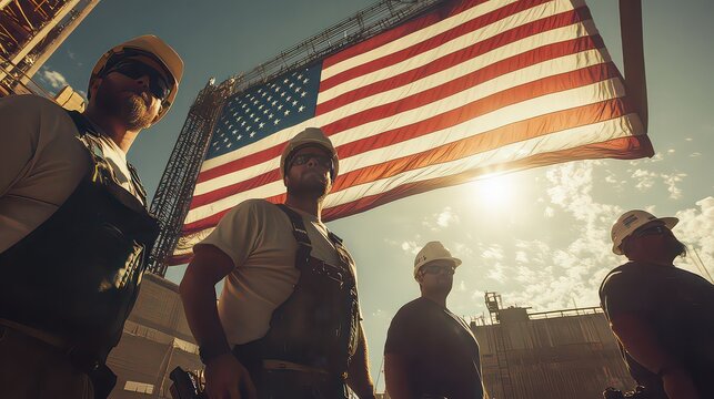Construction workers with american flag on a construction site on a sunny day in the united states