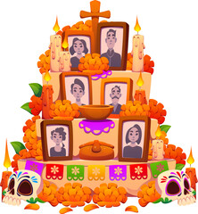 Cartoon day of the dead dia de los muertos mexican ofrenda altar adorned with traditional marigolds, candles, skulls and framed photos, it reflects the rich cultural heritage and ancestral remembrance
