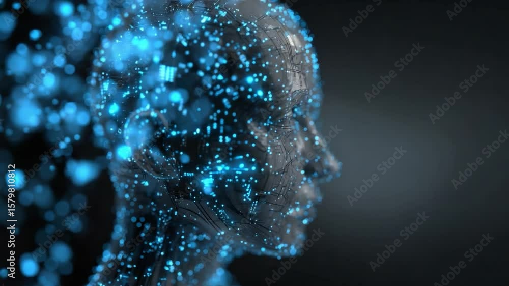 Poster digital human: a conceptual, translucent human form composed of illuminated particles, representing 