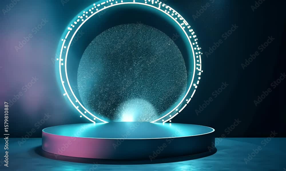 Poster abstract futuristic blue technology background with glowing circular podium and hologram elements fo