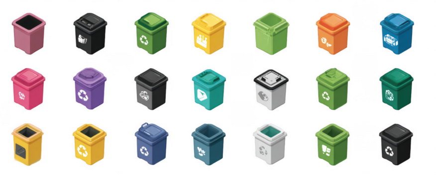 Assorted colorful recycling bins
