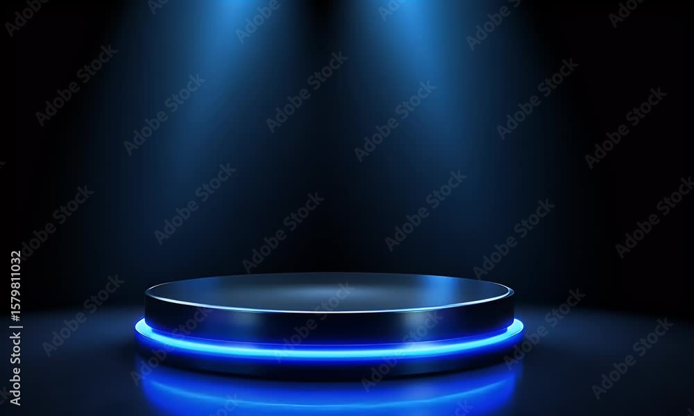 Poster abstract futuristic blue technology background with glowing circular podium and hologram elements fo