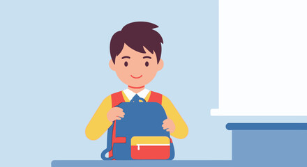 Happy Kid Packing Backpack Before School