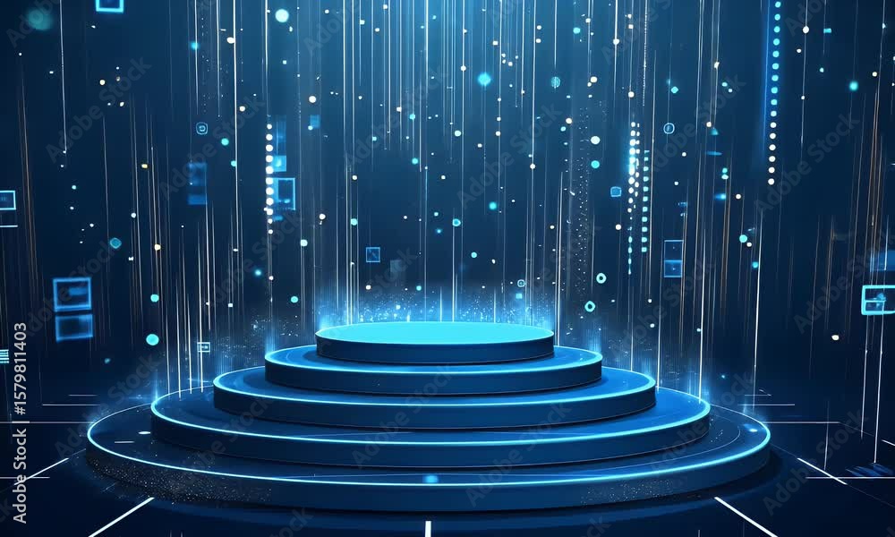 Poster abstract futuristic blue technology background with glowing circular podium and hologram elements fo