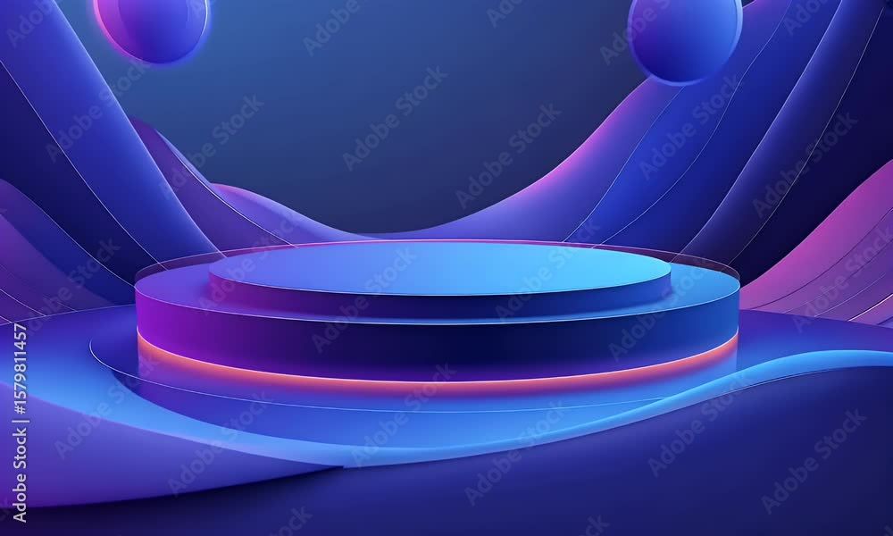 Poster abstract futuristic blue technology background with glowing circular podium and hologram elements fo