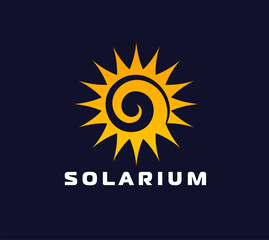 Solarium sun icon for tanning salon, SPA studio or summer beach resort, vector emblem. Solarium icon of spiral sun with yellow rays or shine beams for skincare cosmetics brand or tanning cream