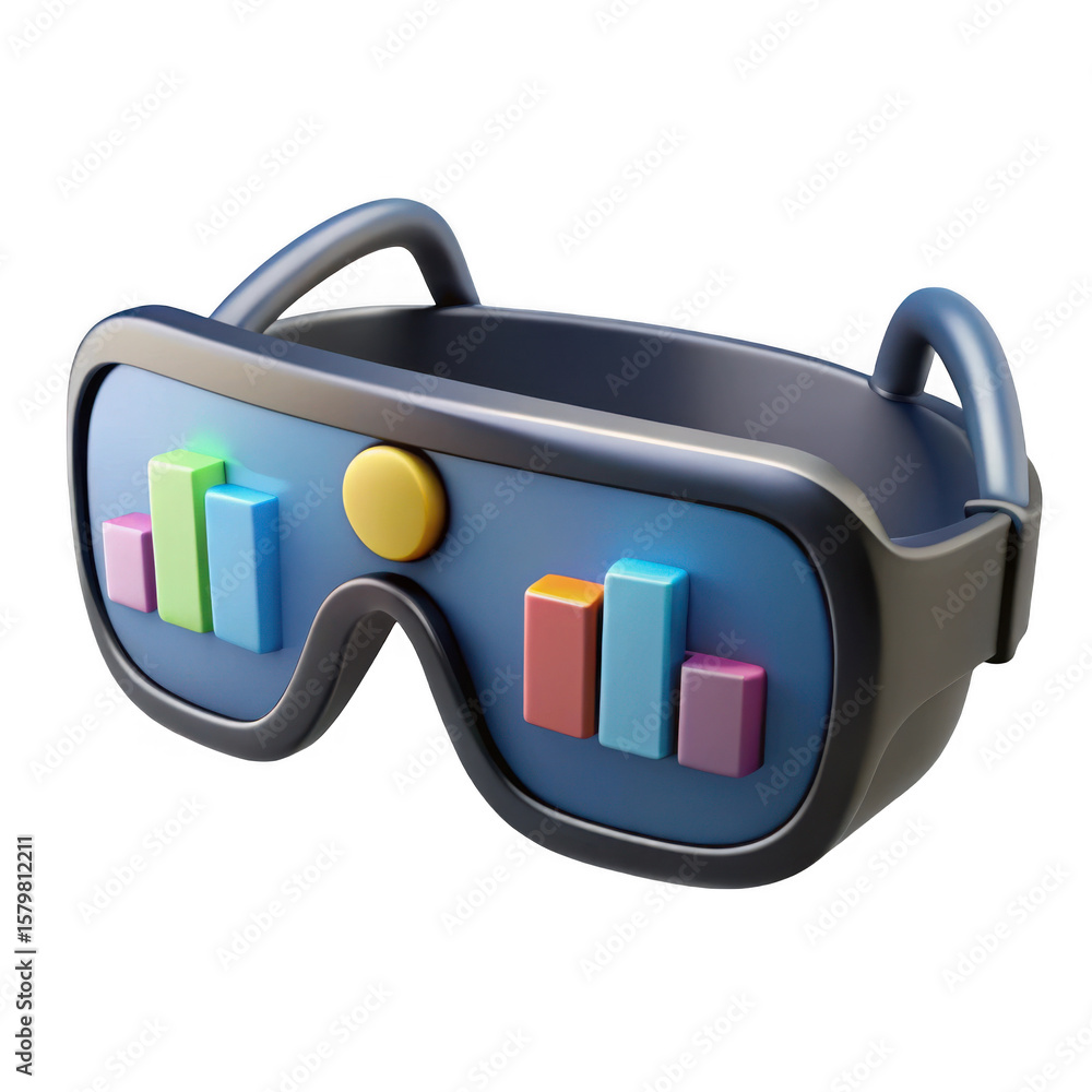Poster stylized virtual reality goggles with colorful bar graphs isolated on transparent background